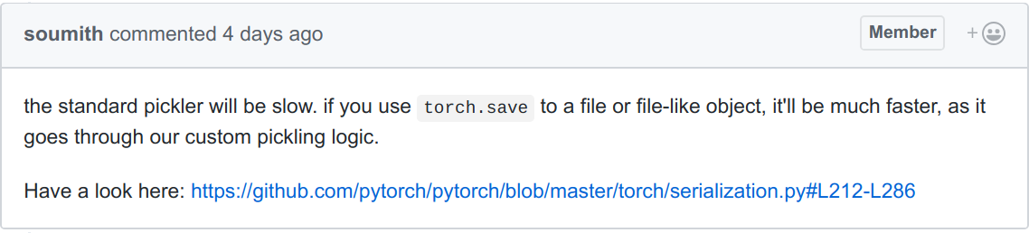 Github Image of maintainer saying that PyTorch's pickle implementation is slow